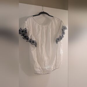 Chic White Blouse with Blue Embroidery